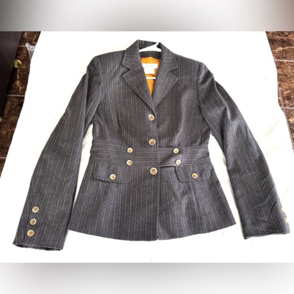 Vertigo Paris Brown Pinstripe Wool Blend Blazer Belted  Jacket Size Small
